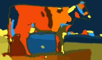 An abstract cow using one  color palette and shades.